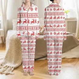 Family Christmas White Red Traditional Nordic Fair Isle Reindeer Snowflake Pattern Satin Pajamas Set