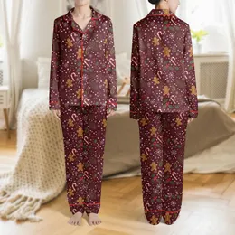 Family's Festive Deep Maroon Gingerbread Candy Cane Holly Berry Snowflake Illustrative Design Satin Pajamas Set