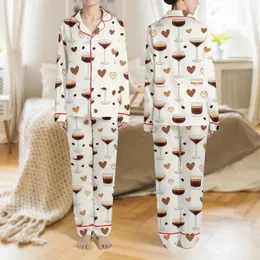Espresso Martini Lovers' Whimsical Illustrative Espresso Martini, Coffee Bean, Latte Art & Brown Hearts Pattern on Off-White Satin Pajamas Set