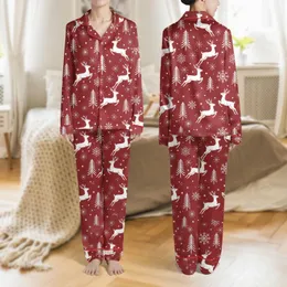 Family Holiday Celebrants Crisp White Reindeer, Pine Trees, Snowflakes on Cranberry Red Repeat Pattern Satin Pajamas Set