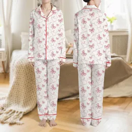 Women's Whimsical Hand-Drawn Muted Dusty Pink Bow & Ribbon All-Over Pattern on Off-White Satin Pajamas Set