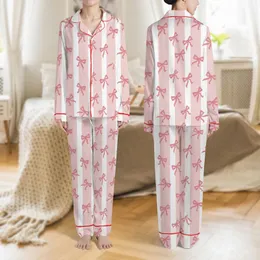 Women's Blush Pink & White Striped Coquette Rose Pink Hand-Drawn Bow Design Satin Pajamas Set
