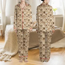Women's Whimsical Coffee Cup & Martini Glass Pattern in Warm Beige, Brown & White Satin Pajamas Set