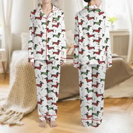 Dachshund Lovers' Whimsical Christmas Dachshund Pattern Sweaters Santa Hats Candy Canes Snowflakes Satin Pajamas Set