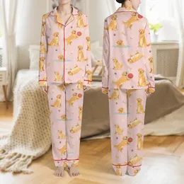 Golden Retriever Lovers' Pastel Pink Playful Retriever Dog Pattern with Joyful Poses, Paw Prints & Wildflowers Satin Pajamas Set