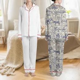 Women's Vintage Toile African Safari Engraving Wildlife Elephants Zebras Indigo Cream Satin Pajamas Set