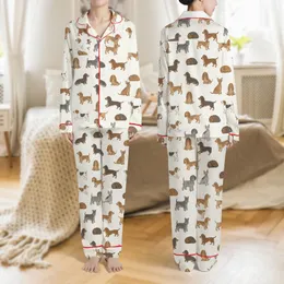 Dog Lovers' Whimsical Hand-Drawn Dachshund & Spaniel Dog Pattern in Natural Browns & Black on Off-White Satin Pajamas Set