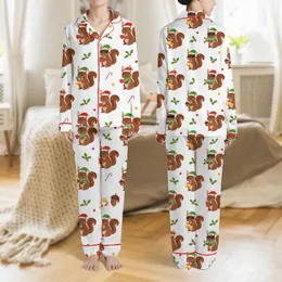 Festive Family Enthusiasts' Whimsical Christmas Squirrels in Red Santa Hats, Green Scarves, Holly, Candy Canes, White Background Satin Pajamas Set