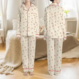 Women's Gentle Illustrative Pastel Pink Strawberry Blossom Cream Pattern Satin Pajamas Set