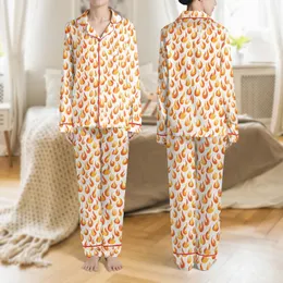 Women's Illustrative Dynamic Yellow Orange Red Flame Pattern on White with Light Grey Wavy Lines Satin Pajamas Set