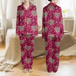 Women's Vibrant Magenta Leopard Print Hearts Illustrative Pattern with Off-White Outlines & Dynamic Abstract Elements Satin Pajamas Set