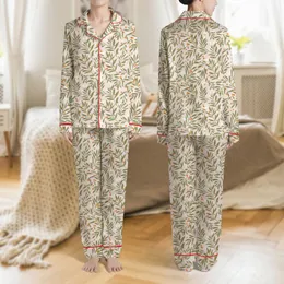 Women's Delicate Hand-Drawn Blush Pink Botanical Pattern with Olive Green Leaves, Cream Flowers & Orange Berries Satin Pajamas Set