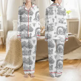 Women's Elegant Toile de Jouy Black White Pastoral Garden Figures Arch Arbor Fountain Satin Pajamas Set