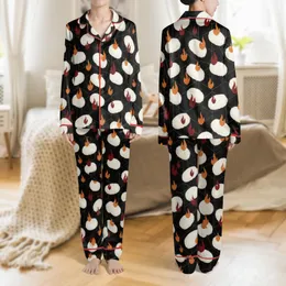 Women's Abstract Black Cream Fleece Texture Orange Red Heat Wave Pattern Satin Pajamas Set