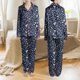 Expecting Mothers' Dark Navy Off-White Light Grey Whimsical Hand-Drawn Heart & Dot Pattern Satin Pajamas Set