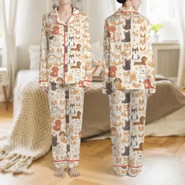 Dog Lovers' Off-White Whimsical Shiba Inu Corgi Dachshund Puppy Pattern with Tan, Brown & Blue Accents Satin Pajamas Set