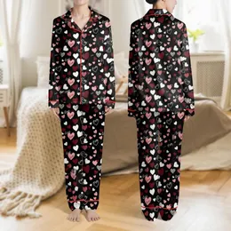 Women's Black Scattered White Maroon Pink Doodle Hearts & Handwritten Love Script Pattern Satin Pajamas Set