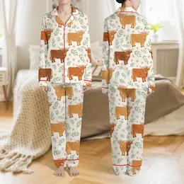 Women's Whimsical Highland Cow & Calf Pattern, Caramel Fur, Blush Floral Crowns, Cream Background Satin Pajamas Set