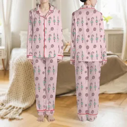 Women's Whimsical Light Pink Bright Pink Teal Candy Cane, Peppermint, & Lollipop Festive Pattern Satin Pajamas Set