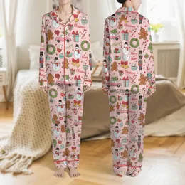 Women's Whimsical Vintage Christmas Pastel Pink Gingerbread Snowmen Candy Cane Nutcracker Ornaments Pattern Satin Pajamas Set