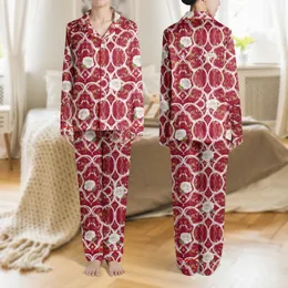 Women's Crimson Ruby Red Baroque Floral Lace Rose Pearl Gold Filigree Design Satin Pajamas Set