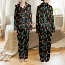 Women's Vintage Western Cowboy Boots Cactus Horseshoe Ropes Rustic Orange Teal Black Illustrative Pattern Satin Pajamas Set