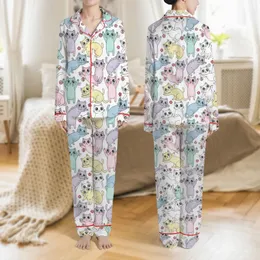 Women's Whimsical Pastel Purple Pink Sky Blue Cartoon Cat Repeating Pattern Turquoise Eyes Yarn Balls Satin Pajamas Set
