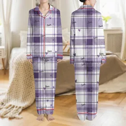 Women's Violet Charcoal Lavender Tartan Plaid Hand-Drawn Hearts Whimsical Love Script Satin Pajamas Set