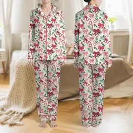Women's Whimsical Festive Bow, Holly & Candy Cane Pattern in Rose, Gold, Fuchsia & Teal Satin Pajamas Set