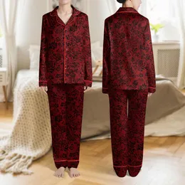 Women's Deep Crimson Red Black Intricate Seamless Floral Lace Leafy Motif Pattern Satin Pajamas Set