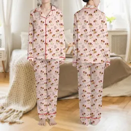 Women's Whimsical Cartoon Puppies Light Brown Cream Pink Maroon Happy Phrases Illustrative Art Satin Pajamas Set
