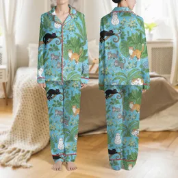 Women's Whimsical Cat Garden Playful Multicolored Felines Lush Green Foliage Sky Blue Floral Pattern Satin Pajamas Set