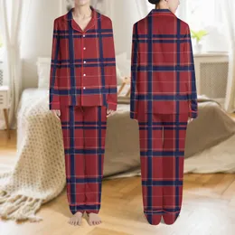 Women's Classic Tartan Plaid Vivid Red Deep Navy Blue Crisp White Geometric Grid Satin Pajamas Set