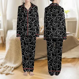 Women's Modern Deep Black White Fluid Abstract Interconnected Line Art Design Satin Pajamas Set