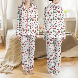 Women's Whimsical Red Green Black White Christmas Tree Gift Box Ornament Snowflake Candy Cane Motif Satin Pajamas Set