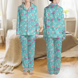 Women's Vibrant Aqua Fuchsia Pink Flamingo Tropical Floral Palm Frond Motif Satin Pajamas Set
