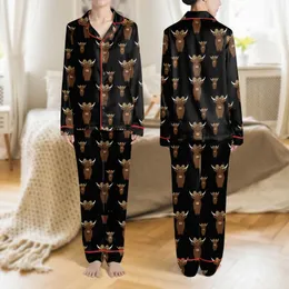 Women's Fluffy Brown Highland Cow Calf Leopard Bow Black Print Satin Pajamas Set