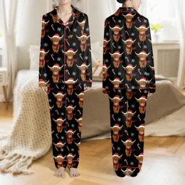Women's Whimsical Highland Cow Christmas Pattern with Santa Hats, Plaid Scarves, Candy Canes & Snowflakes on Black Satin Pajamas Set