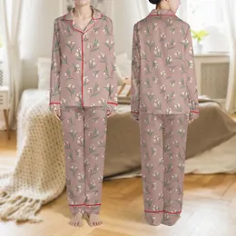 Women's Vintage Dusty Rose Botanical Print with Off-White Flowers, Golden Berries & Sage Leaves Satin Pajamas Set