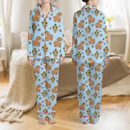 Women's Whimsical Fluffy Brown Highland Cow Sunflower Yellow Sky Blue Butterfly Pattern Satin Pajamas Set