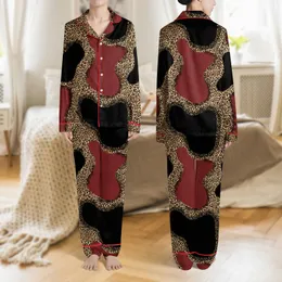Women's Sophisticated Leopard, Deep Red & Matte Black with Intricate Scalloped Floral Lace Satin Pajamas Set