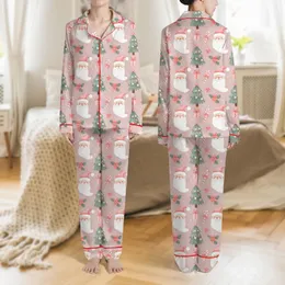 Women's Whimsical Pale Pink Vintage Christmas Santa Tree Candy Cane Holly Pattern Satin Pajamas Set