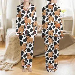 Women's Playful Fluffy Highland Calves Warm Caramel Brown & Black Cow Print Spots All-Over Satin Pajamas Set
