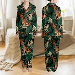 Women's Sophisticated Vintage Botanical Interwoven Tropical Leaves Emerald Gold Black Pattern Satin Pajamas Set