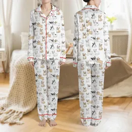 Women's Playful French Bulldog Hand-Drawn Cartoon Black Outline White Background Scatter Pattern Satin Pajamas Set