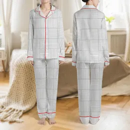 Women's Monochromatic Geometric Interlocking Stripe Grid Design Satin Pajamas Set