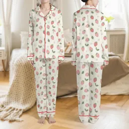 Women's Whimsical Pastel Pink Strawberry Blossom Creamy Off-White Botanical Pattern Satin Pajamas Set