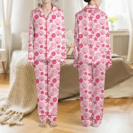 Women's Playful Pastel Pink Hot Pink Underwater Seashell Starfish Coral Pattern Satin Pajamas Set
