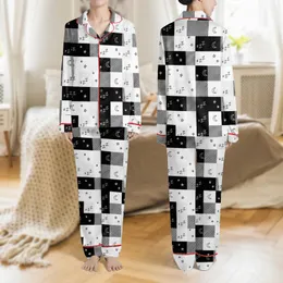 Dreamer's Bold Black White Plaid Whimsical Sleep Pattern with Crescent Moons and Stars Satin Pajamas Set