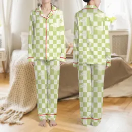 Women's Whimsical Pastel Lime Green Cream Scalloped Checkerboard Rabbit & Playful Letters M D Q Satin Pajamas Set